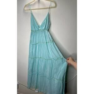 V Sierra 100% Silk Muted Aqua Spaghetti Strap V-Neck Tiered Ruffle Maxi Dress S